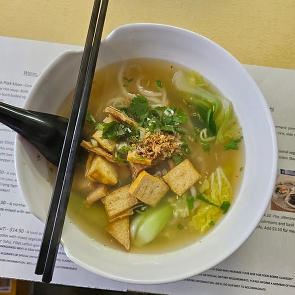 A bowl of Sern Sapp Restaurant's Laos-style noodle soup with tofu, bok choy, and herbs.